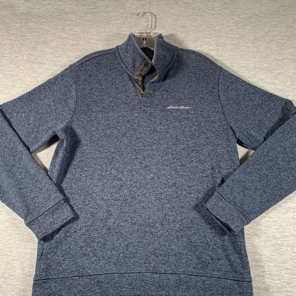 Eddie Bauer Sweater Mens Large Blue 1/4 Snap Mock‎ Neck Knit Pullover Casual